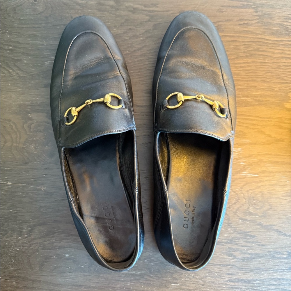 Gucci Black Napa Leather Loafers with Gold Accents